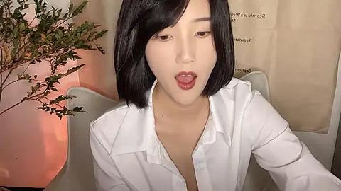 Media: Video of an Asian woman with short black hair, wearing a white shirt, slightly open, looking seductively at the camera. Background includes a potted plant and a beige curtain.