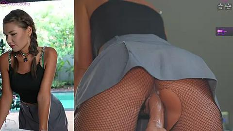 Media: A collage of two images: Left, a woman in a black tank top and gray skirt stands by a pool. Right, a close-up of her bare buttocks in fishnet stockings, with a penis visible between her legs.