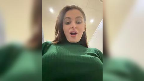 Media: A video of a young woman with long brown hair, wearing a green turtleneck sweater, captured from a low angle, emphasizing her large breasts. The background is a blurry, modern indoor setting with white walls and recessed lights.