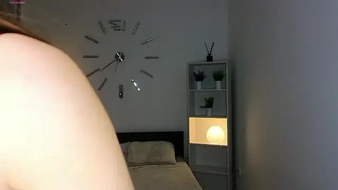 Media: A video of a dimly lit bedroom showing a large, minimalist wall clock, a modern white shelving unit with green plants, and a bed with beige bedding.