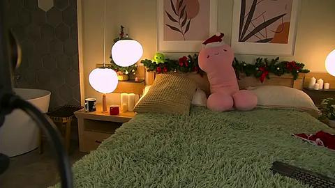 Media: Video of a cozy bedroom with a green shaggy bedspread, pink plush toy, and festive decor, including Christmas lights, wreath, and wall art.