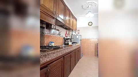 Media: Video of a small, cozy kitchen with wooden cabinets, a tiled backsplash, a stove, and a refrigerator, featuring a blurred figure in the foreground.