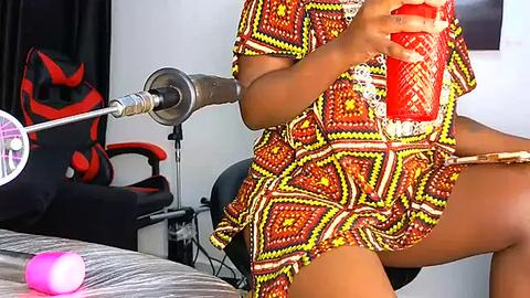 Media: Video of a woman with dark skin wearing a patterned, short-sleeved dress, holding a red cup, sitting on a bed with a gray blanket, in a modern, brightly lit room with gaming chair and monitor.