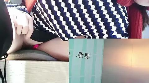 Media: Video collage: top - close-up of woman's legs in black and white patterned dress, hand pulling black fabric aside; bottom left - close-up of woman's pink-painted nails, pink underwear visible; bottom right - close-up of white and light green striped packaging with Chinese text.