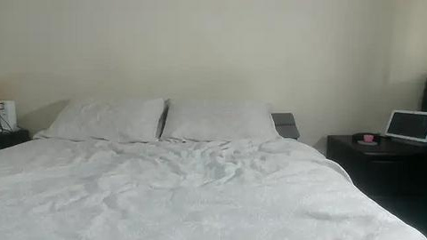 Media: Video of a minimalist bedroom with a neatly made bed covered in white sheets and pillows, two black nightstands with a small TV and a pink object on the right, and plain white walls.