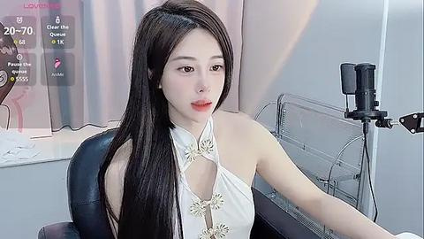 Media: Video of an East Asian woman with long black hair, fair skin, wearing a white halter top, seated in a black chair, in a studio with a green screen and camera.