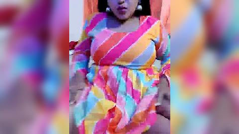 Media: Video of a woman with medium skin tone wearing a vibrant, multicolored striped dress with long sleeves, sitting in a room with orange curtains. Background is slightly blurred.