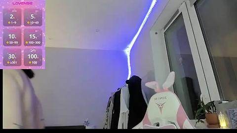 Media: Video of a modern bedroom with a white wall, a pink rabbit backpack, a window, and a glowing blue LED strip. A live stream screen displays temperature and weather data.