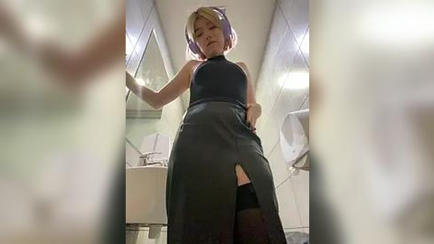 Media: Video of an Asian woman with shoulder-length, light purple hair, wearing a black, sleeveless dress with a high slit, standing in a modern, minimalist bathroom with white tiles and a sink.