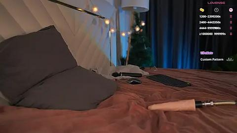 Media: Video of a cozy bedroom with a plush, maroon bedspread, grey pillows, and a wooden-handled hairbrush on the bed. The background features a white headboard, string lights, and a dark curtain.