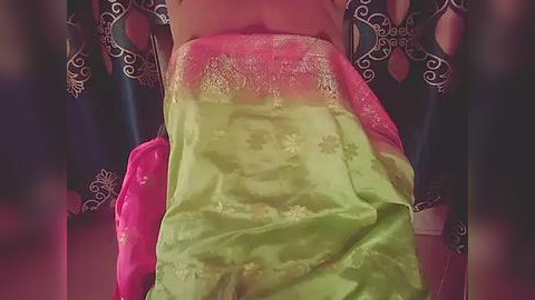 Media: Video of a person sitting on a chair, draped in a vibrant green and pink saree with intricate embroidery, against a dark, patterned backdrop. The saree's texture appears soft and silky.