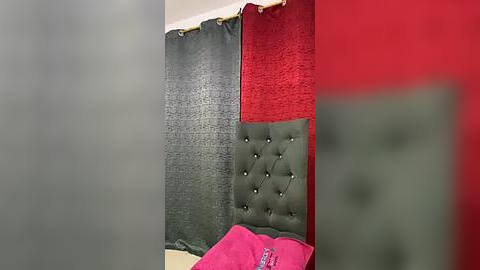 Media: Video of a small, cozy bedroom with a red wall, gray and green patterned curtains, and a pink pillow on a green tufted headboard. The room has a rustic, eclectic aesthetic.