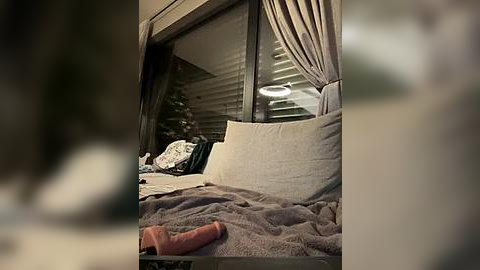 Media: Video of a messy RV bedroom with a partially open window, revealing a blurred outdoor scene. Bed has beige linens, a blanket, and a pink dildo on the floor.