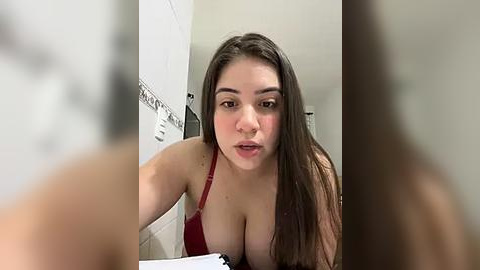 Media: A video of a young woman with long brown hair, wearing a red bra, leaning over a table in a bathroom, looking directly at the camera.