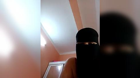 Media: Video of a person wearing a black niqab, taken from a low angle, with a bright light source blinding the view on the left. The background shows a peach-colored wall with a window and a ceiling light.