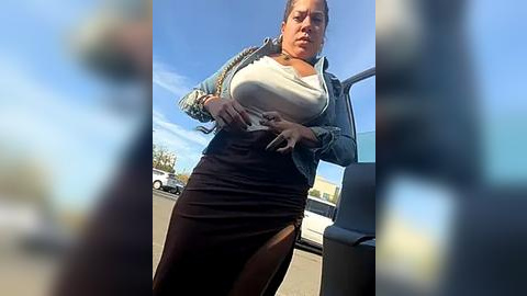 Media: Video of a plus-size woman with a fair complexion, wearing a white tank top, denim jacket, and tight black skirt, opening the car door, outdoors under a clear blue sky.