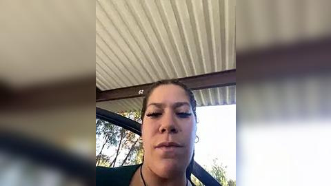 Media: A candid video of a smiling, light-skinned woman with light brown hair tied back, sitting in a car under a white, corrugated metal roof. Trees and foliage are visible through the window.