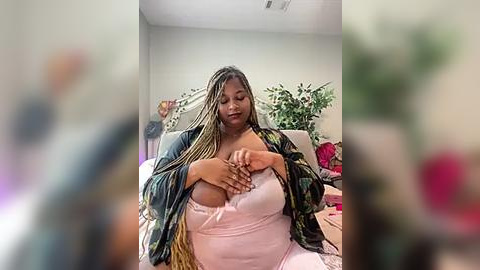 Media: A video of a plus-size Black woman with braids, wearing a pink dress, and a green patterned cardigan, sitting on a beige couch in a living room with green plants and pink clothing.