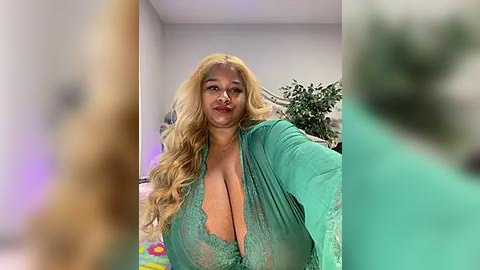 Media: A video of a plus-sized Black woman with long, wavy blonde hair, wearing a revealing green lace dress with a deep neckline, posing indoors in front of a blurred background.