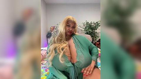 Media: Video of a plus-sized, light-skinned Black woman with long, wavy blonde hair, wearing a revealing green robe, sitting on a bed with colorful bedding and plants in the background.