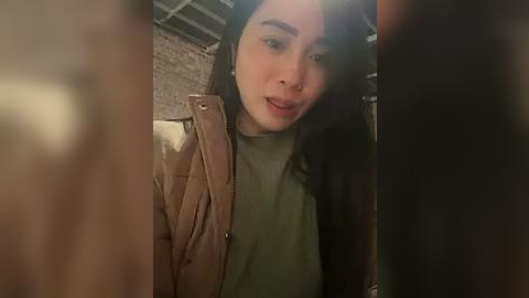 Media: Video of a young woman with long black hair, wearing a beige puffer jacket over a green shirt, smiling. Background shows a brick wall and dim lighting.