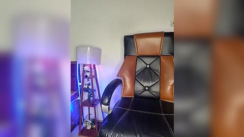 Media: A video of a modern, stylish living room featuring a brown leather armchair with diamond-shaped buttons and a black leather backrest, next to a white and blue illuminated floor lamp and a black side table.