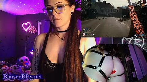 Media: Video collage featuring a young woman with long dreadlocks, glasses, and a black choker, standing in a dimly lit room with neon lights.