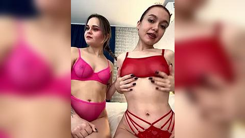 Media: Video of two women in matching red lingerie, one with dark hair and the other with light brown hair, both wearing sheer bras and high-waisted panties, posing intimately indoors.