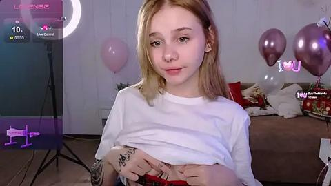 Media: Video of a young Caucasian girl with straight blonde hair, wearing a white shirt, sitting in a cozy room with a ring light, balloons, and a cluttered bed.