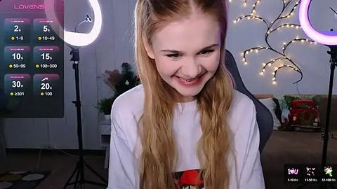 Media: Video of a young woman with long blonde hair, wearing a white t-shirt, smiling in a cozy room with a Christmas tree, string lights, and a ring light.