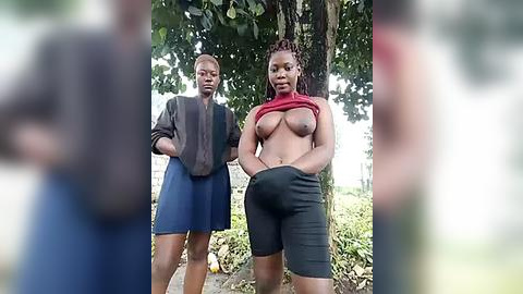 Media: Video of two African women outdoors, one with a black jacket and blue skirt, the other topless with black shorts, standing in front of a tree.