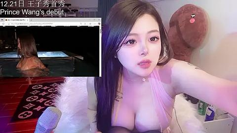 Media: A video of an Asian woman with long black hair and large breasts in a pink top, posing seductively in a bedroom with a stuffed toy and a mirror.