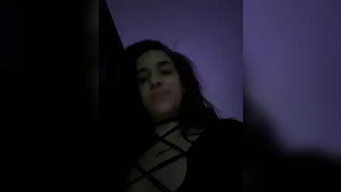 Media: Video of a woman with long black hair, wearing a black lace top, standing in a dimly lit room with purple lighting, creating a moody, intimate atmosphere.