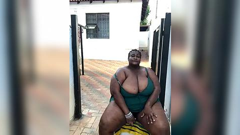 Media: Video of a large, dark-skinned woman with large breasts, sitting on a yellow-striped rug in a narrow brick alleyway between white-walled buildings. She wears a green, low-cut top and a bracelet.