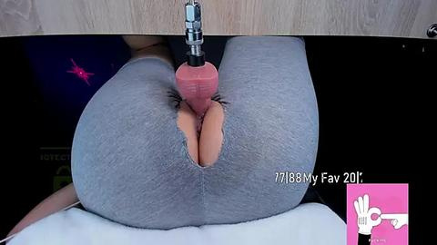 Media: Video of a close-up of a woman's gray, tight-fitting thong-clad buttocks, with a pink dildo inserted into her anus, against a dark background. Text: \"78My8My Fav 20%\".