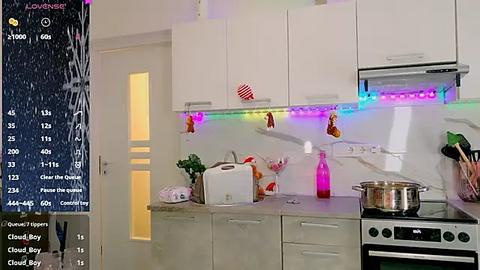 Media: Video of a modern, colorful kitchen with white cabinets, neon lights, and festive decorations. A weather report and a digital clock are visible in the background.