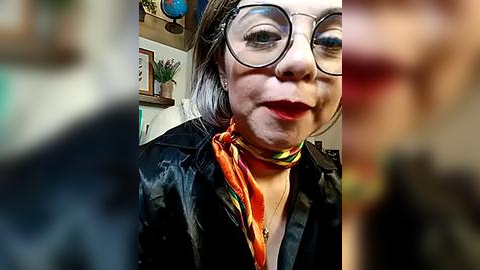 Media: A video of an older Asian woman with fair skin, glasses, and a colorful scarf, smiling in a cozy, homey setting with framed pictures on the wall.