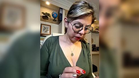 Media: A video of a middle-aged woman with glasses and short blonde hair, wearing a green V-neck top, examining a small object. The background features a cozy, book-filled living room with shelves and framed artwork.