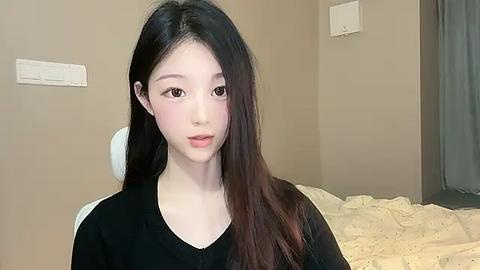 Media: Video of a young East Asian woman with long, straight black hair, fair skin, and large eyes, wearing a black top, sitting on a white chair in a beige-walled room with a bed and a light switch on the wall.