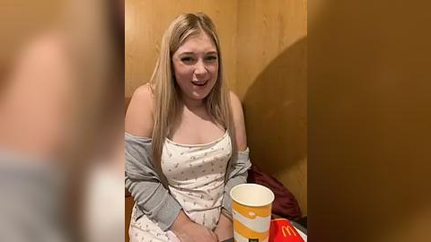 Media: Video of a smiling, fair-skinned, blonde-haired young woman in a white dress with red polka dots and a grey cardigan, holding a yellow McDonald's cup. Background is a wooden wall.