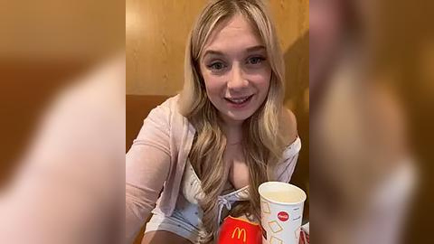 Media: Video of a smiling, blonde woman with long hair, wearing a white off-shoulder top, holding a McDonald's cup, sitting at a booth in a restaurant.