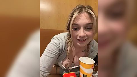 Media: Video of a smiling young woman with blonde braids and light skin, wearing a gray cardigan over a white top, holding a yellow cup, seated at a wooden table with a blurred person's face in the foreground.