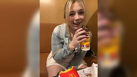 Media: Video of a blonde woman in a light denim jacket, white shorts, and red McDonald's cup, smiling while sitting on a brown leather couch. Background is a beige wall.