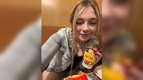 Media: Video of a young, fair-skinned blonde woman with braided hair, wearing a denim jacket, holding a \"McDonald's\" cup with a smile, in a warm-toned, blurry background.