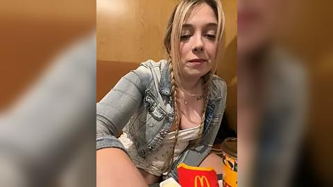 Media: A video of a young Caucasian woman with blonde hair, wearing a denim jacket, and holding a McDonald's cup, taken indoors with blurred background.