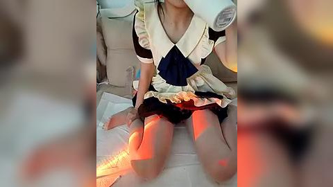 Media: A video of a young woman in a maid outfit, kneeling on a car seat, her head hidden by a rolled-up window shade, holding a book.