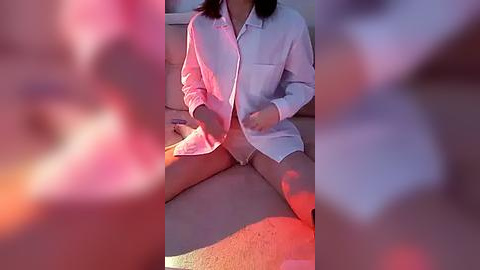 Media: Video of a woman in a white shirt, sitting on a beige carpet with legs spread, partially obscured by red and pink lights.