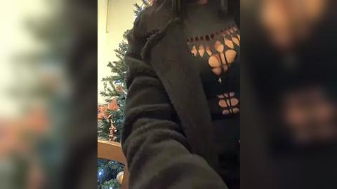 Media: Video of a person wearing a black, patterned sweater with a floral design, sitting in a room decorated with a Christmas tree and festive ornaments.