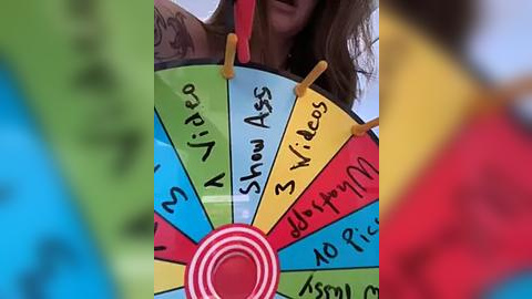 Media: Video of a colorful, wheel-shaped game board with sections labeled \"Show Ass,\" \"Show Nipples,\" and \"Show Nipples,\" with a red center. A person with long brown hair, wearing a red shirt, holds the wheel. Background is blurred.