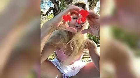 Media: Video of a blonde woman with fair skin, medium build, wearing a pink bra and white shorts, making a heart shape with her hands, superimposed with red hearts, in a sunlit forest with greenery and sunlight filtering through the trees.